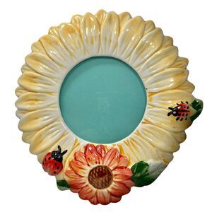 Vintage Ceramic Ladybug Sunflower Picture Photo Frame 3X3" Yellow Flower READ!